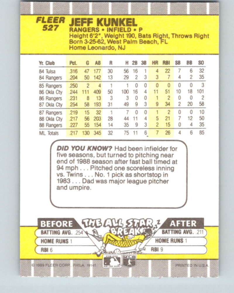 1989 Fleer #527 Jeff Kunkel Mint Texas Rangers