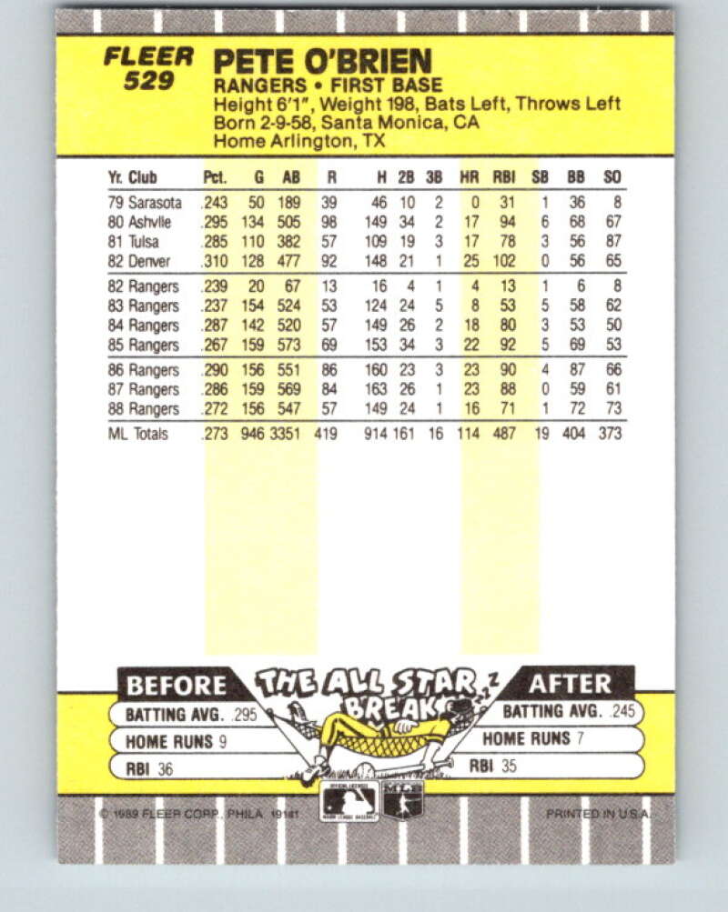 1989 Fleer #529 Pete O'Brien Mint Texas Rangers