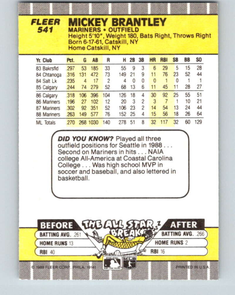 1989 Fleer #541 Mickey Brantley Mint Seattle Mariners