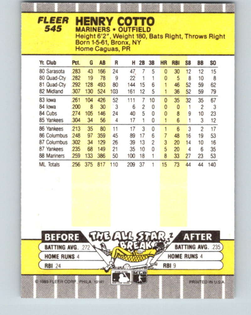 1989 Fleer #545 Henry Cotto Mint Seattle Mariners