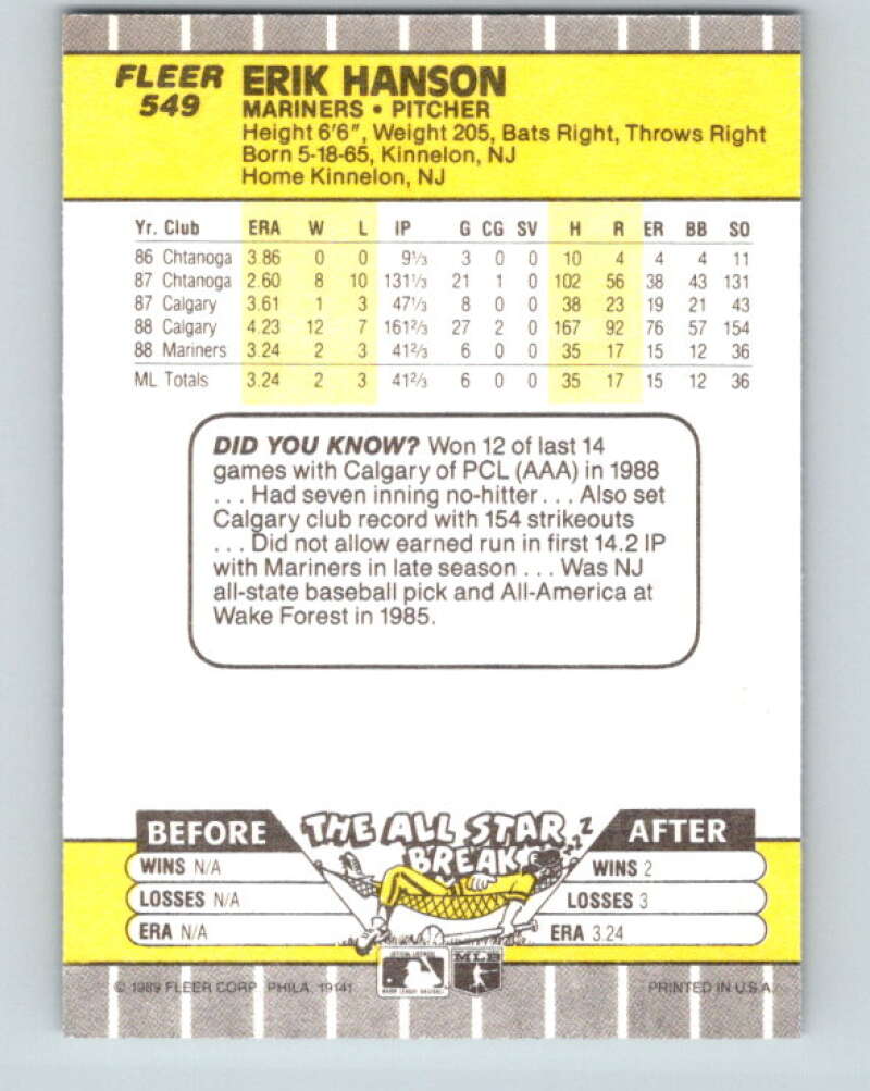 1989 Fleer #549 Erik Hanson Mint RC Rookie Seattle Mariners