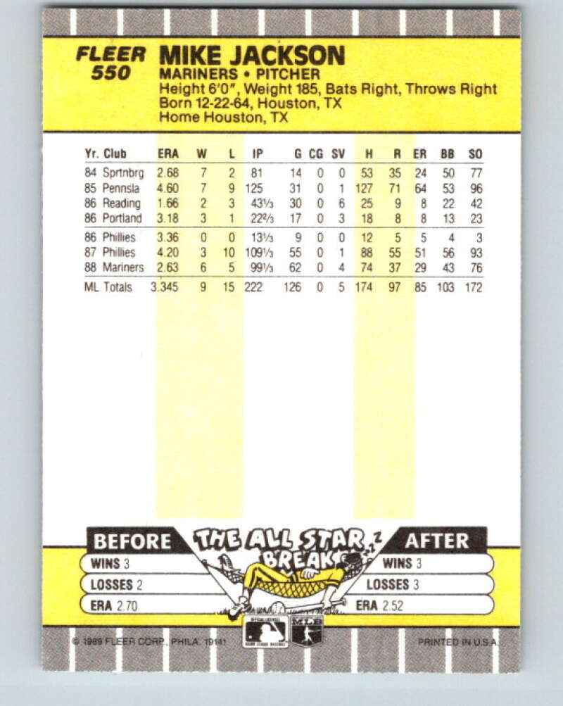 1989 Fleer #550 Mike Jackson UER Mint Seattle Mariners