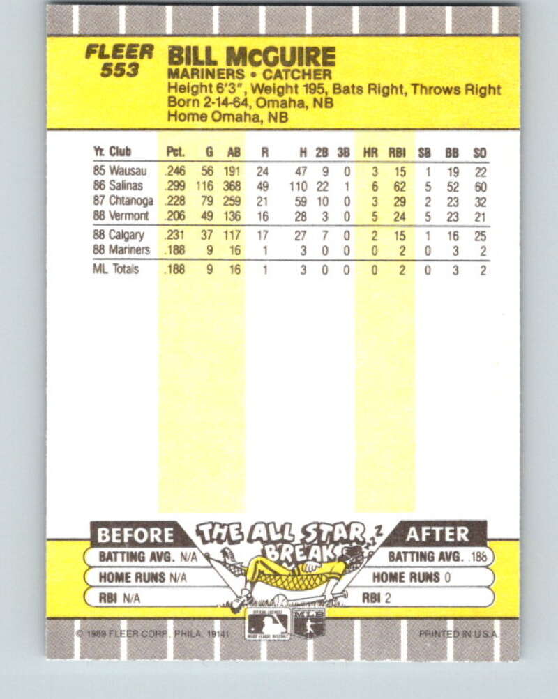 1989 Fleer #553 Bill McGuire Mint RC Rookie Seattle Mariners