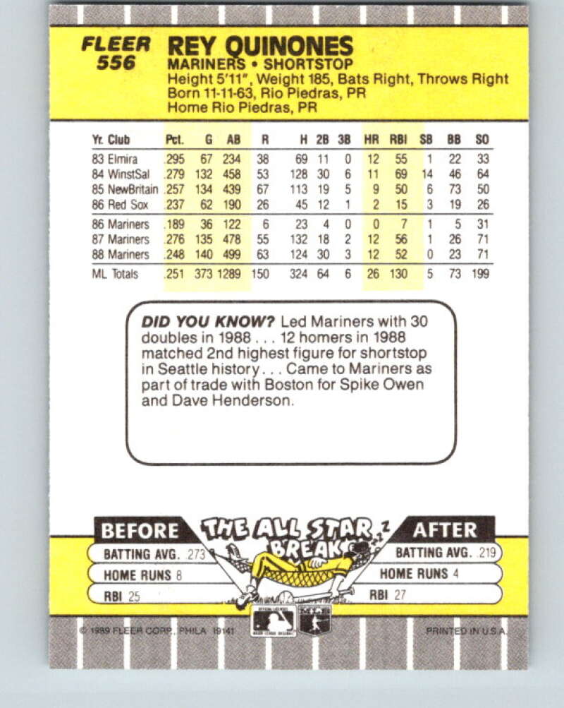 1989 Fleer #556 Rey Quinones Mint Seattle Mariners