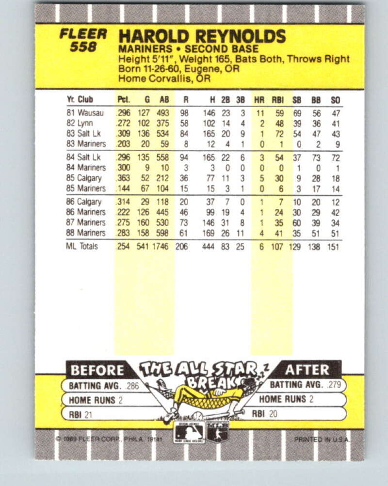 1989 Fleer #558 Harold Reynolds Mint Seattle Mariners