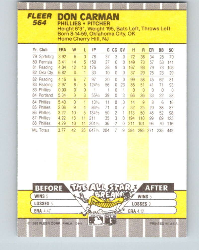 1989 Fleer #564 Don Carman Mint Philadelphia Phillies