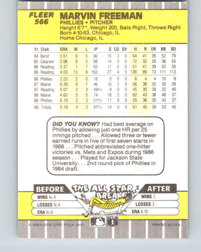1989 Fleer #566 Marvin Freeman Mint Philadelphia Phillies