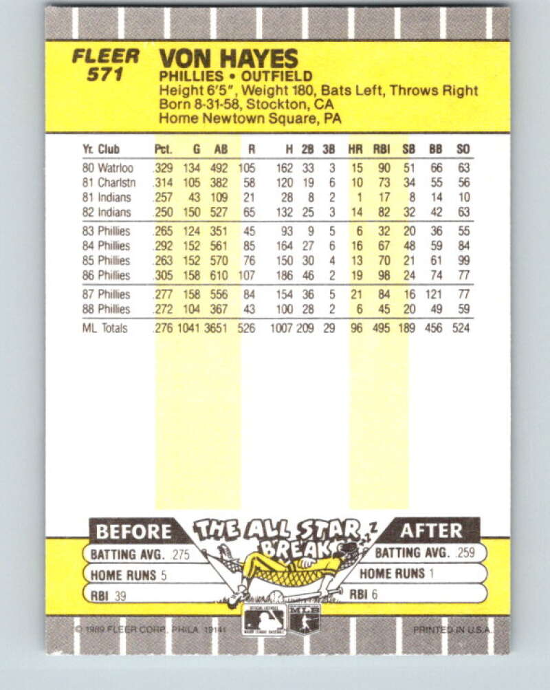 1989 Fleer #571 Von Hayes Mint Philadelphia Phillies