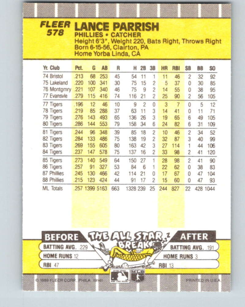 1989 Fleer #578 Lance Parrish Mint Philadelphia Phillies