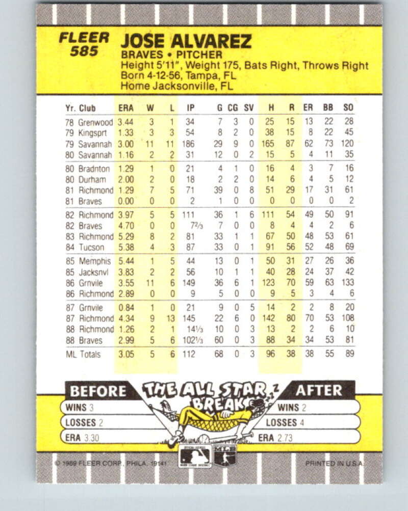 1989 Fleer #585 Jose Alvarez Mint RC Rookie Atlanta Braves