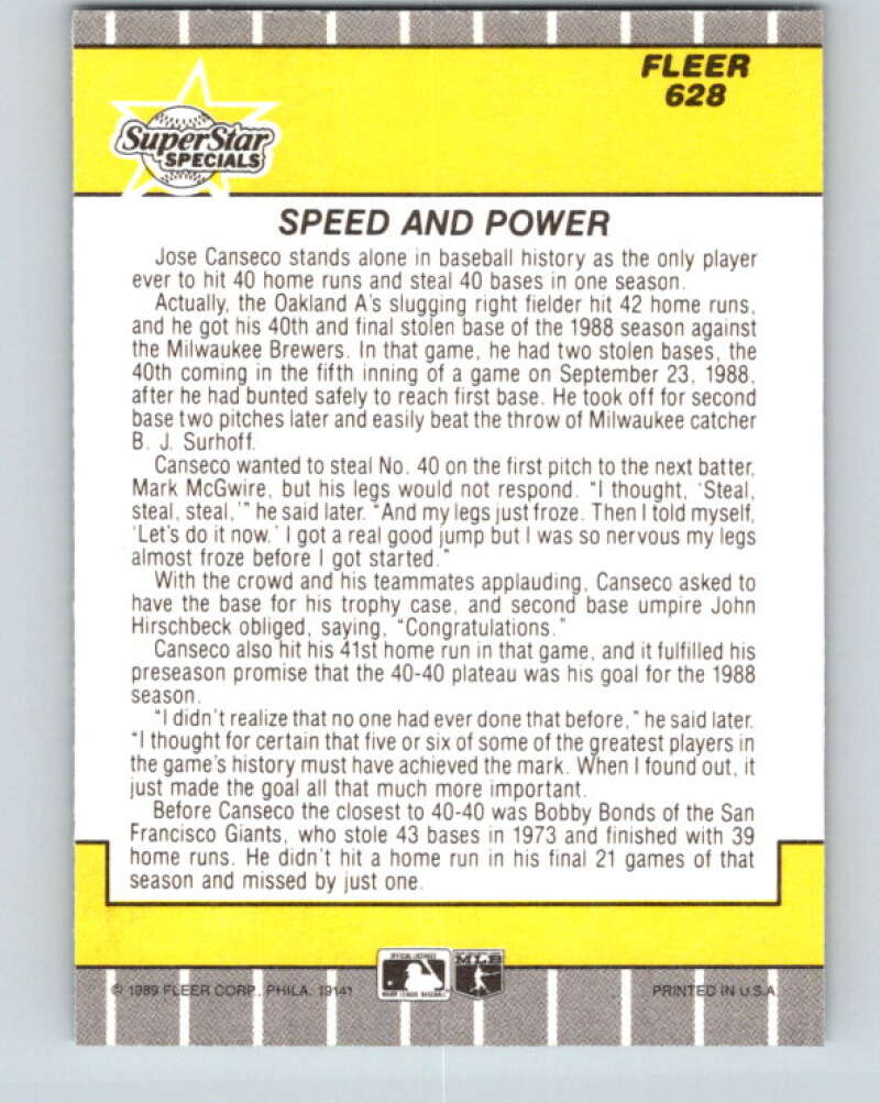 1989 Fleer #628 Jose Canseco Speed and Power Mint Oakland Athletics
