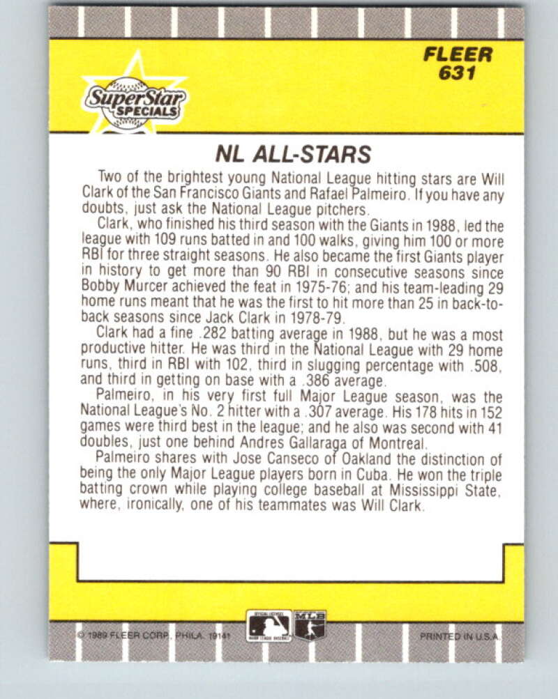 1989 Fleer #631 Will Clark/Rafael Palmeiro NL All Stars Mint