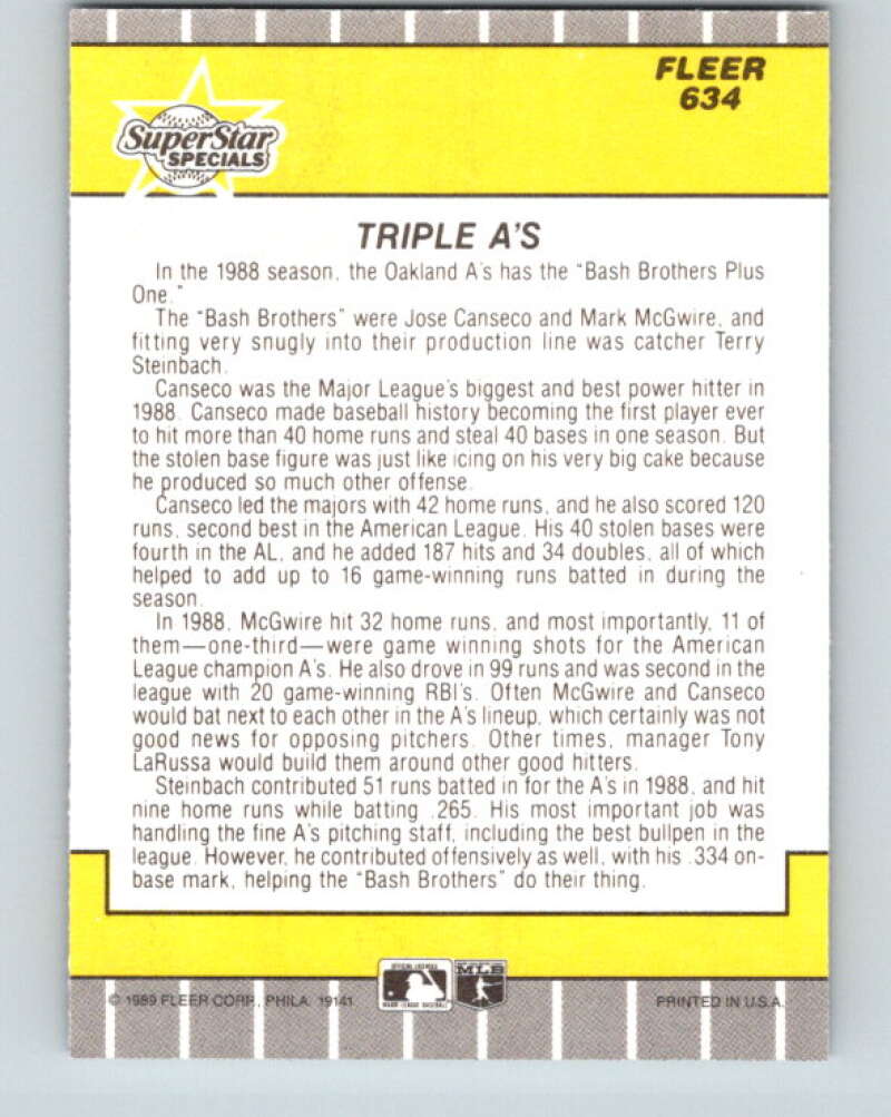 1989 Fleer #634 Jose Canseco/Terry Steinbach/Mark McGwire