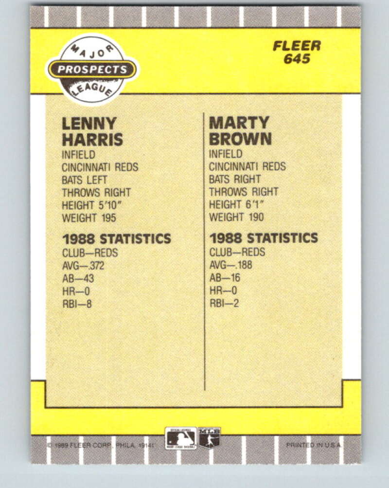 1989 Fleer #645 Lenny Harris/Marty Brown Prospects Mint RC Rookie Cincinnati Reds
