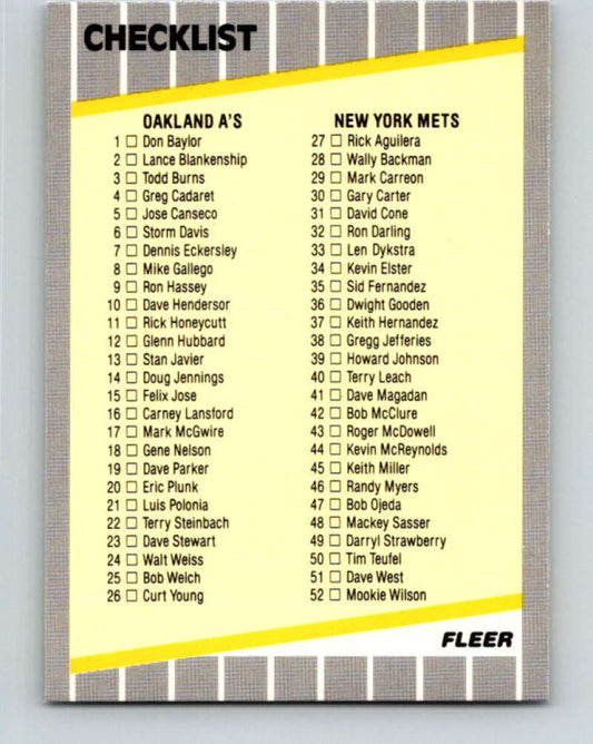 1989 Fleer #654 Checklist Oakland/Mets Dodgers/Red Sox Mint