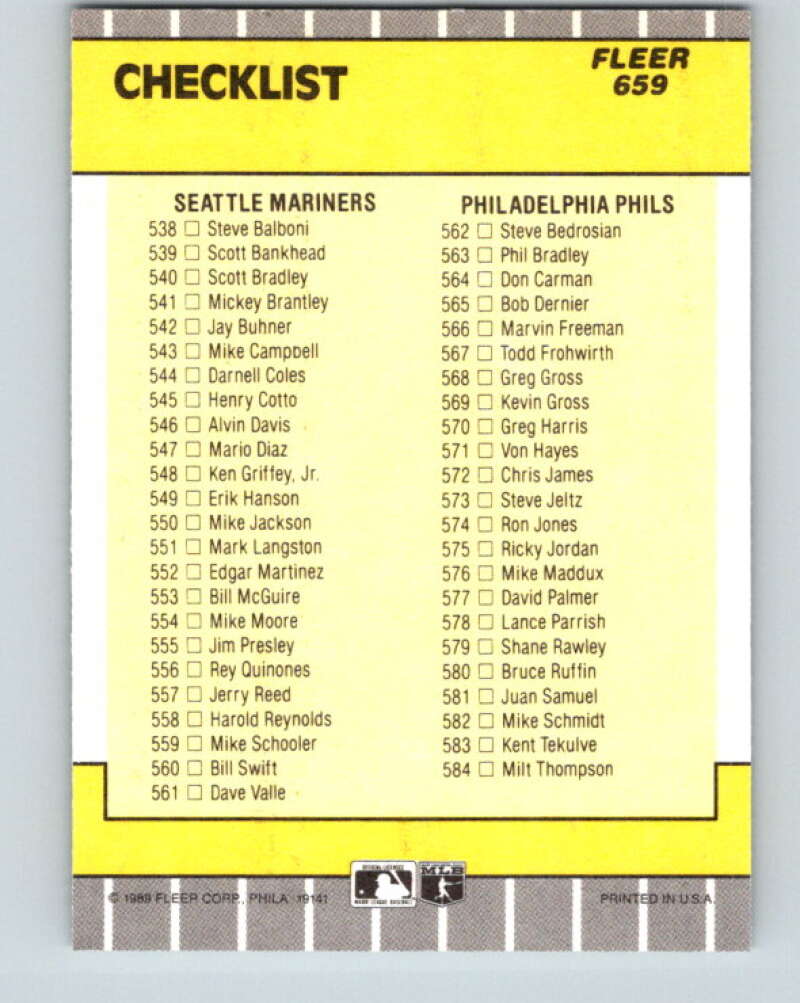 1989 Fleer #659 Checklist White Sox/Rangers Mariners/Phillies Mint