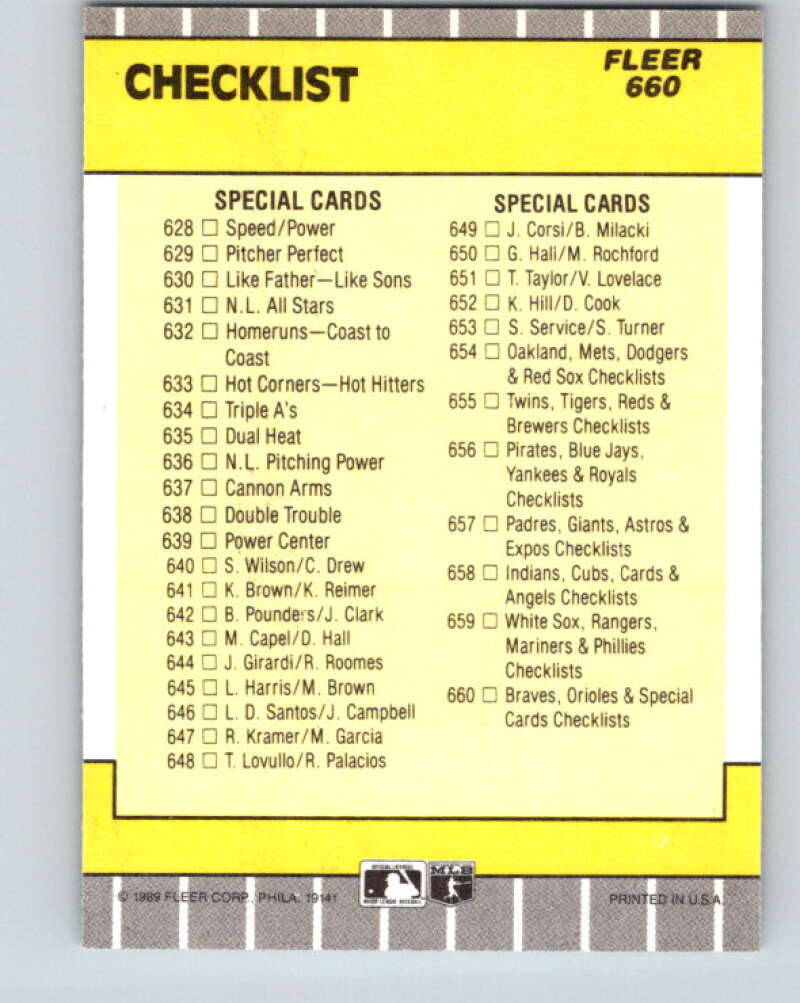 1989 Fleer #660 Checklist Mariners/Orioles Specials/Checklists Mint
