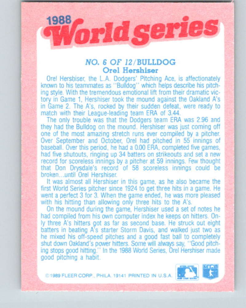 1989 Fleer World Series Glossy #6 Orel Hershiser Mint Los Angeles Dodgers