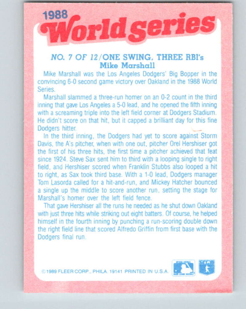 1989 Fleer World Series Glossy #7 Mike Marshall Mint Los Angeles Dodgers