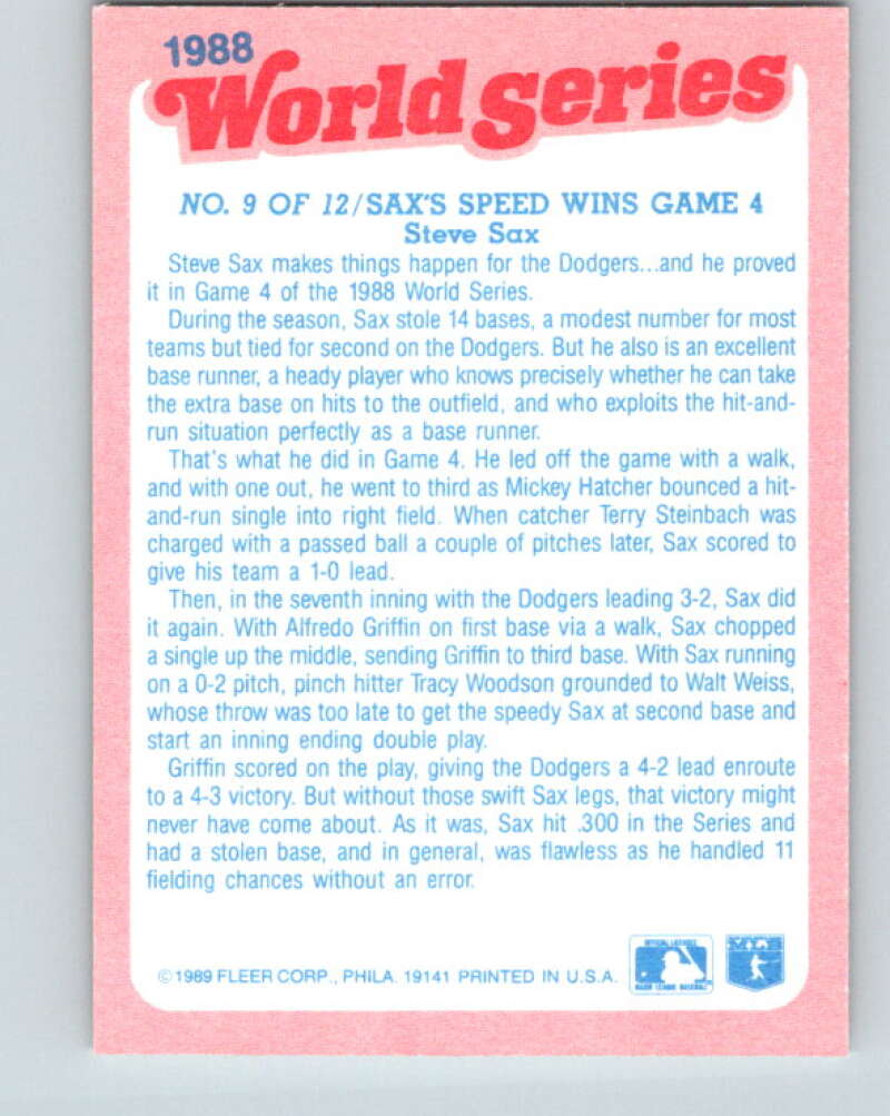 1989 Fleer World Series Glossy #9 Steve Sax Mint Los Angeles Dodgers