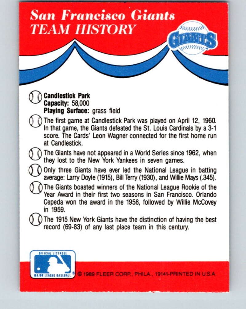 1989 Fleer Team Stickers #NNO San Francisco Giants Mint San Francisco Giants