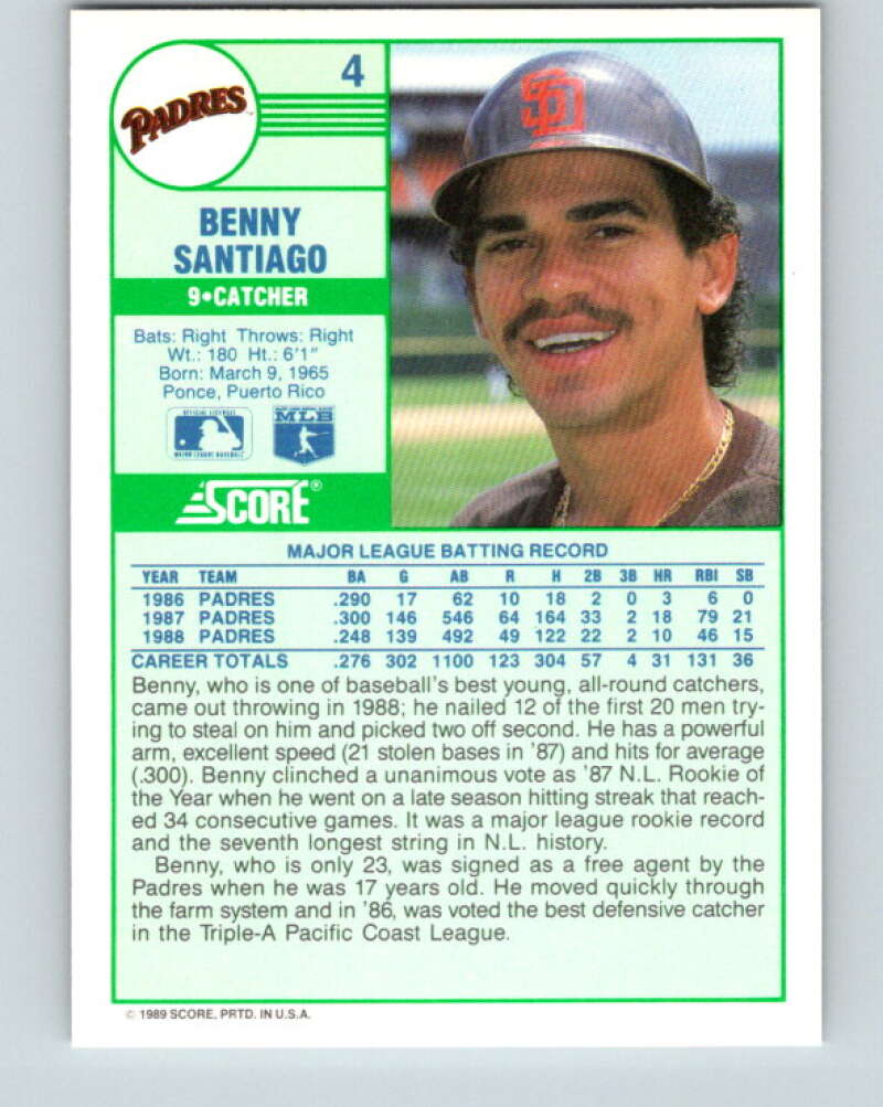 1989 Score #4 Benito Santiago Mint San Diego Padres