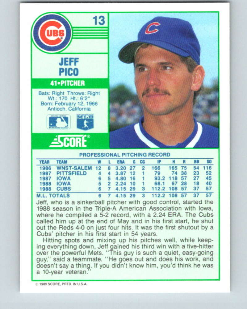 1989 Score #13 Jeff Pico Mint Chicago Cubs