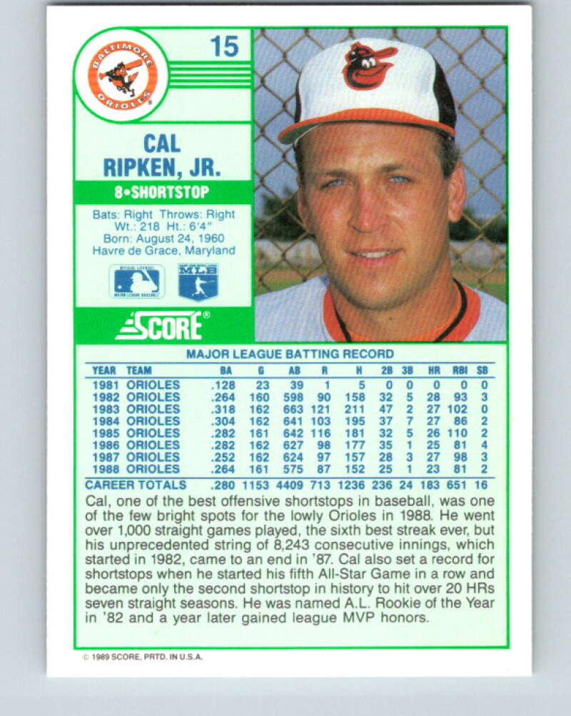 1989 Score #15 Cal Ripken Jr. Mint Baltimore Orioles