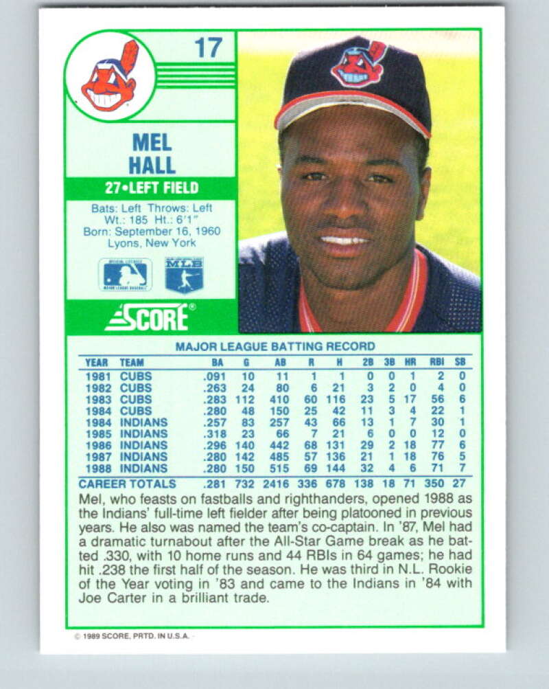 1989 Score #17 Mel Hall Mint Cleveland Indians