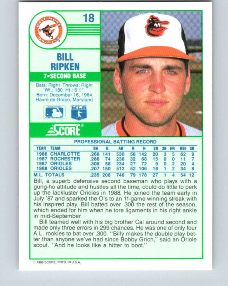 1989 Score #18 Billy Ripken Mint Baltimore Orioles