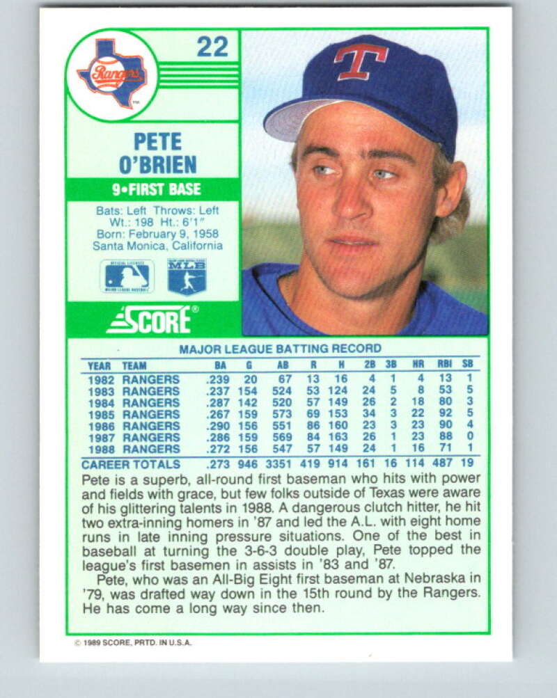 1989 Score #22 Pete O'Brien Mint Texas Rangers