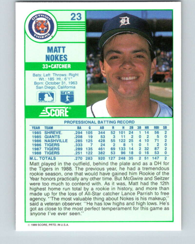 1989 Score #23 Matt Nokes Mint Detroit Tigers