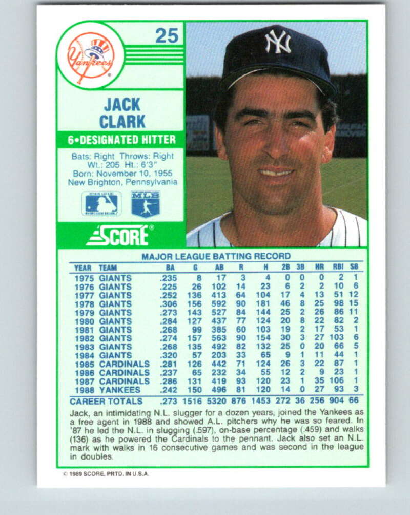 1989 Score #25 Jack Clark Mint New York Yankees
