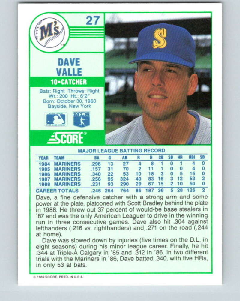 1989 Score #27 Dave Valle Mint Seattle Mariners