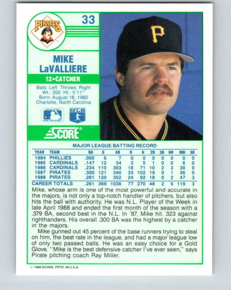 1989 Score #33 Mike LaValliere Mint Pittsburgh Pirates