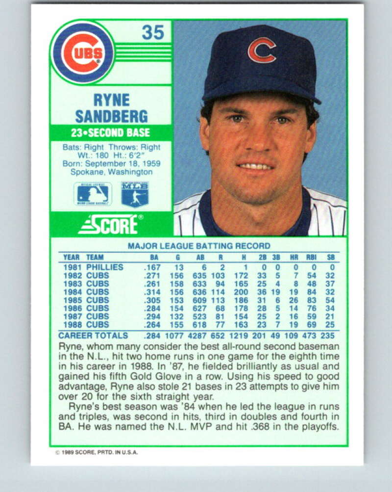 1989 Score #35 Ryne Sandberg Mint Chicago Cubs