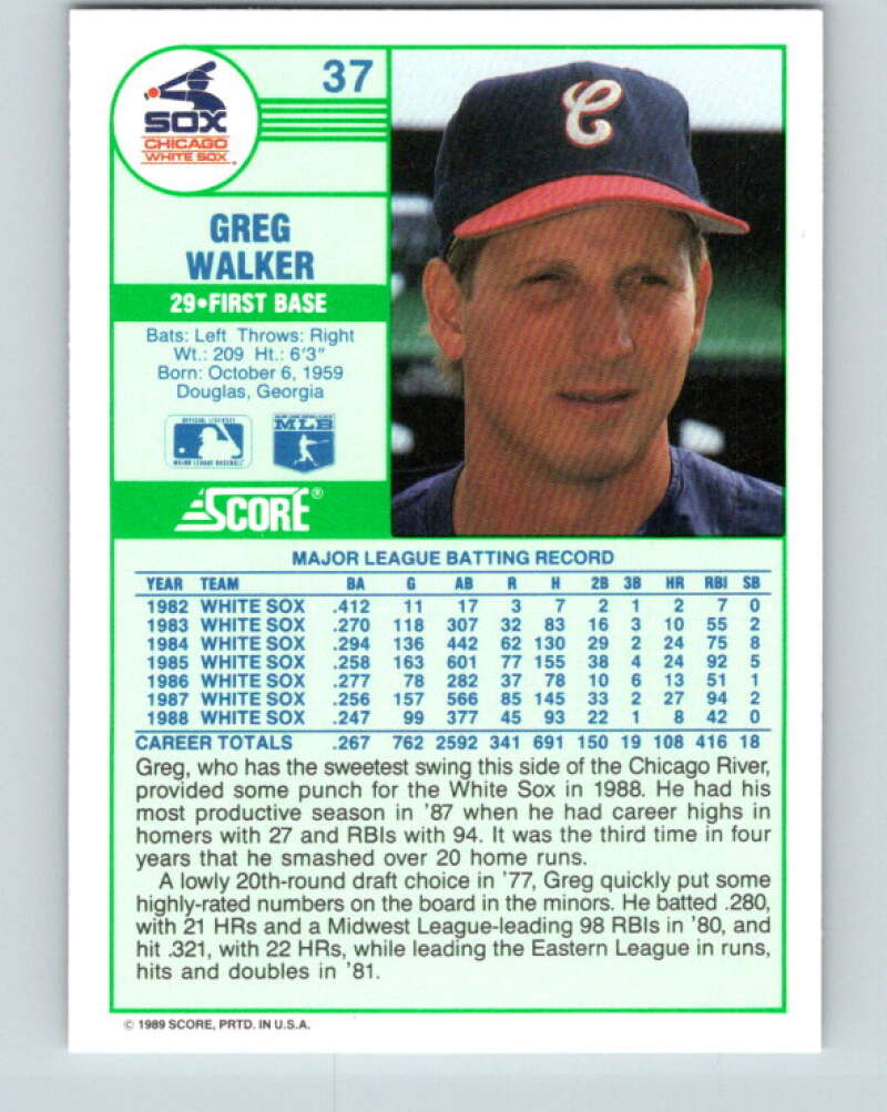 1989 Score #37 Greg Walker Mint Chicago White Sox
