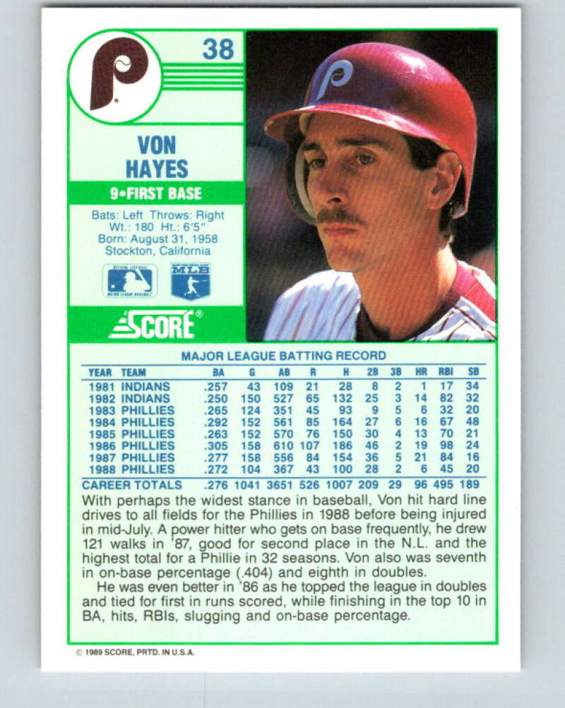 1989 Score #38 Von Hayes Mint Philadelphia Phillies
