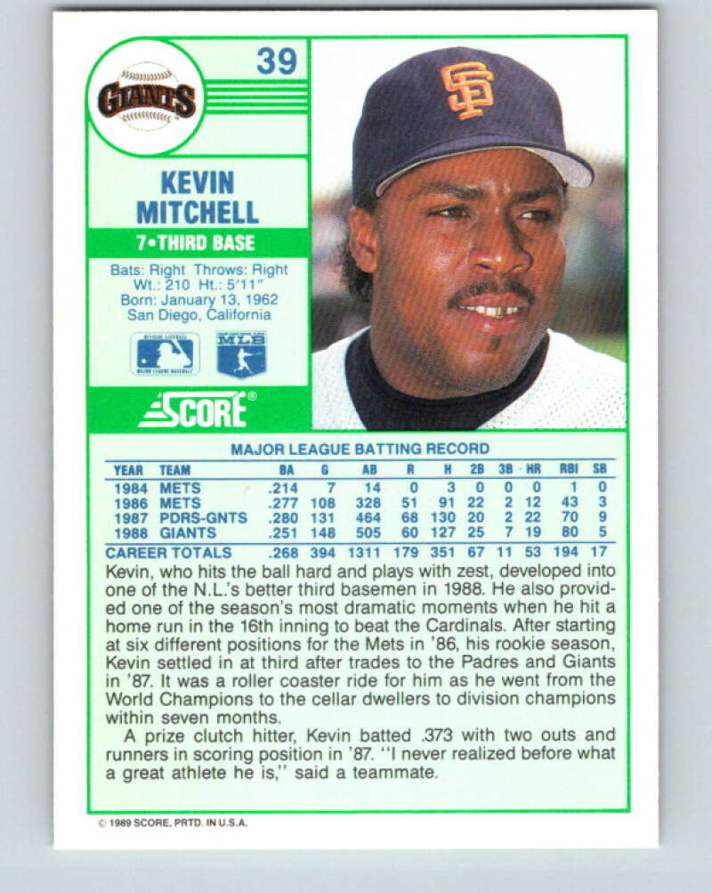 1989 Score #39 Kevin Mitchell Mint San Francisco Giants