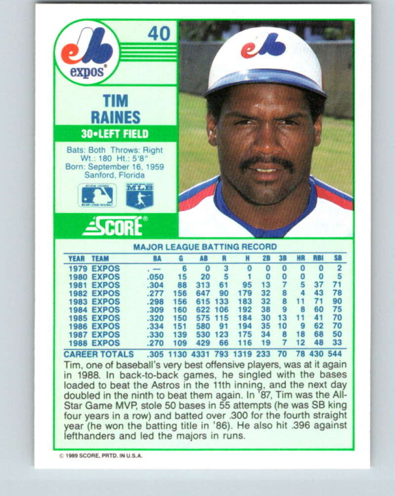 1989 Score #40 Tim Raines Mint Montreal Expos