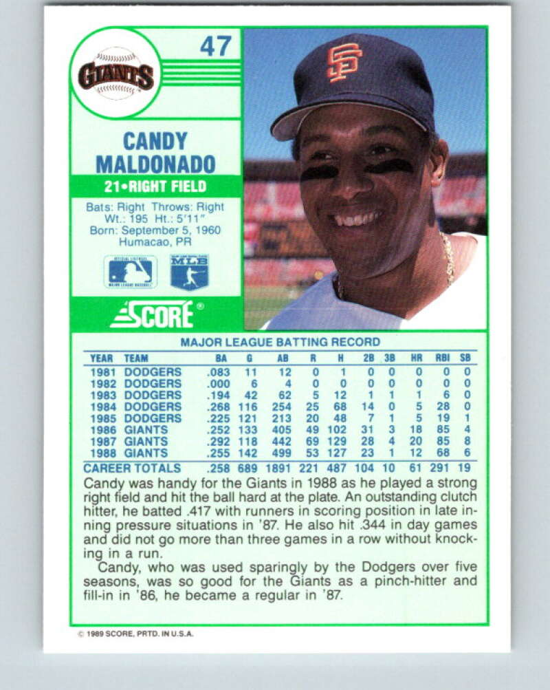 1989 Score #47 Candy Maldonado Mint San Francisco Giants