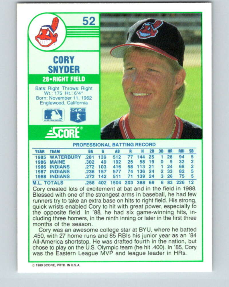 1989 Score #52 Cory Snyder Mint Cleveland Indians