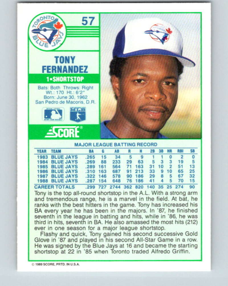 1989 Score #57 Tony Fernandez Mint Toronto Blue Jays