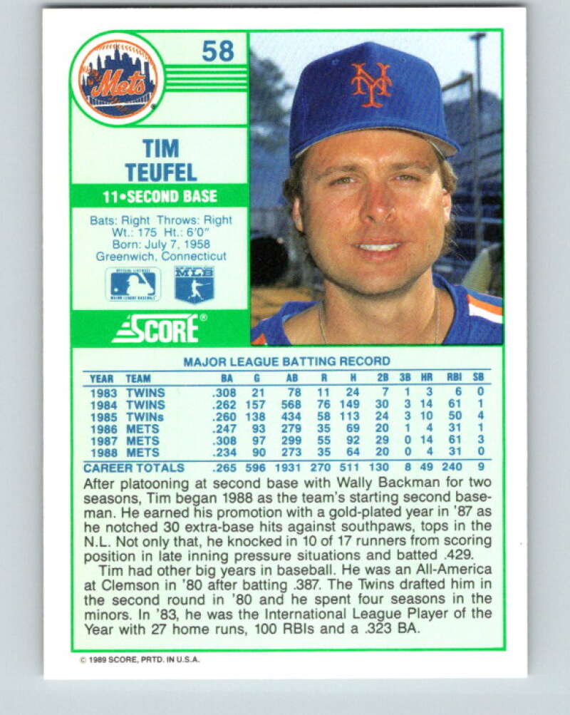 1989 Score #58 Tim Teufel Mint New York Mets