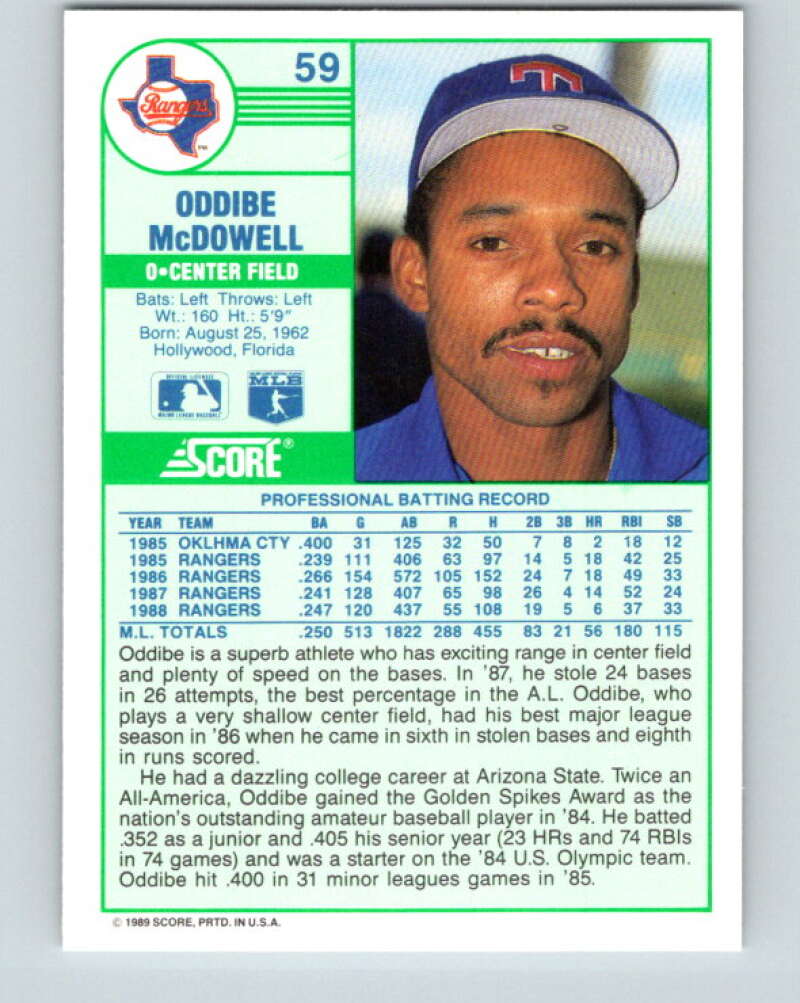 1989 Score #59 Oddibe McDowell Mint Texas Rangers