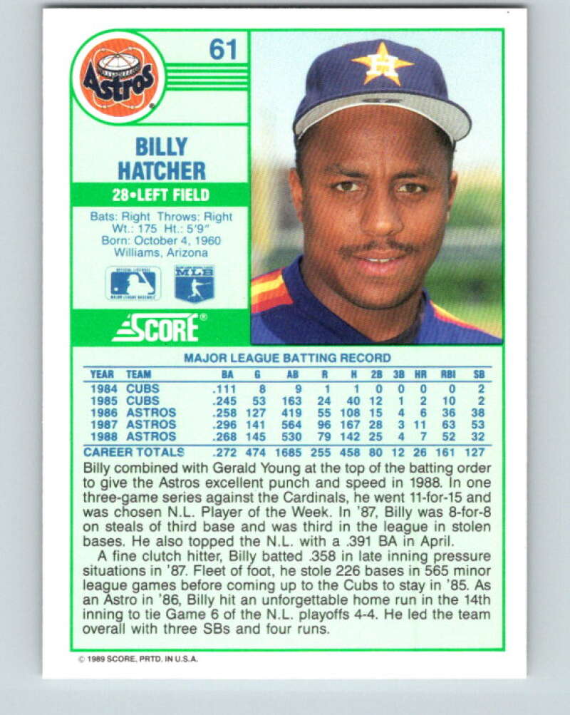 1989 Score #61 Billy Hatcher Mint Houston Astros