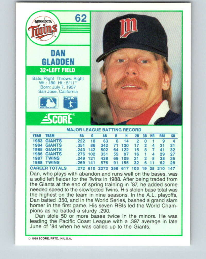 1989 Score #62 Dan Gladden Mint Minnesota Twins