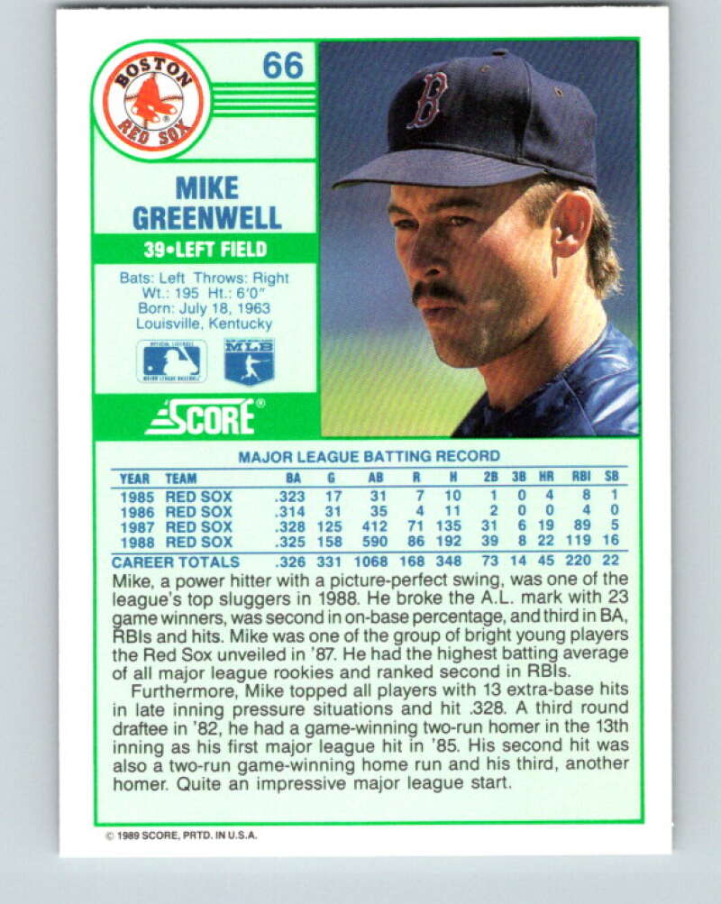 1989 Score #66 Mike Greenwell Mint Boston Red Sox
