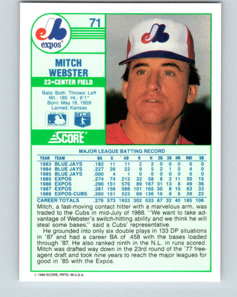 1989 Score #71 Mitch Webster Mint Chicago Cubs