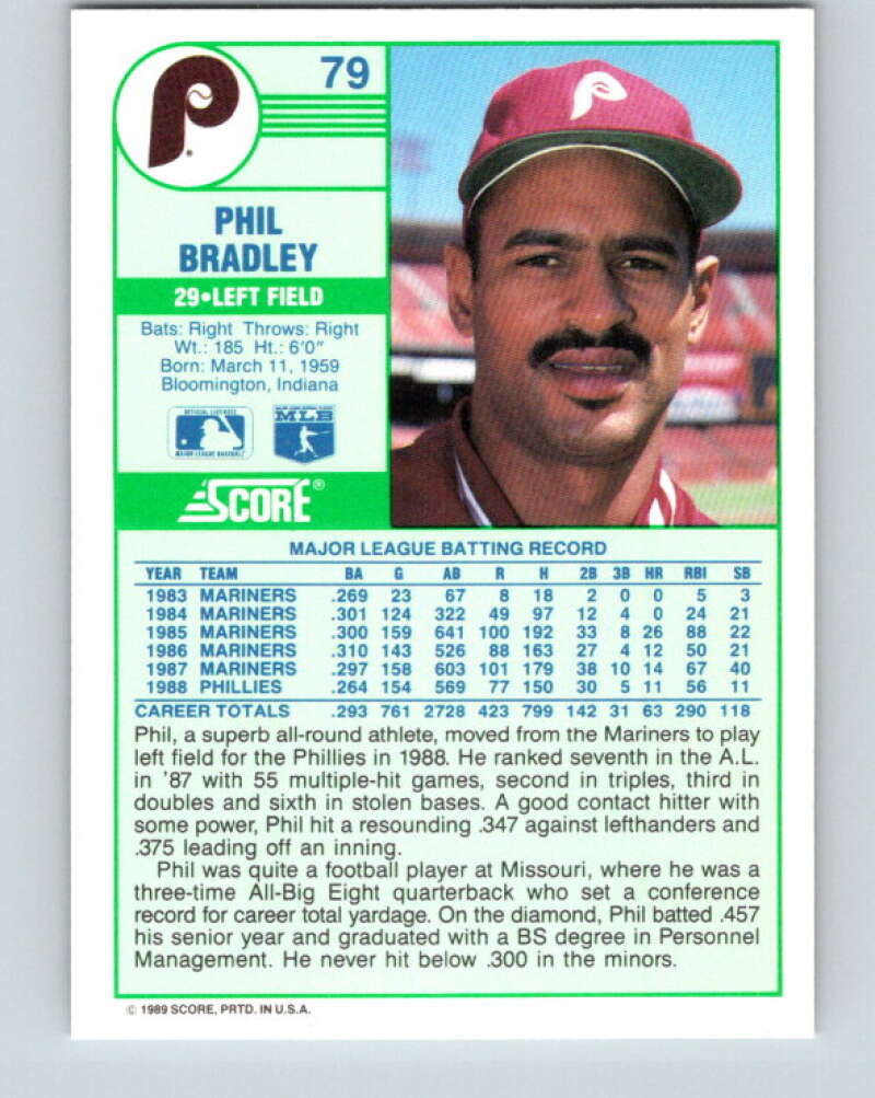 1989 Score #79 Phil Bradley Mint Philadelphia Phillies